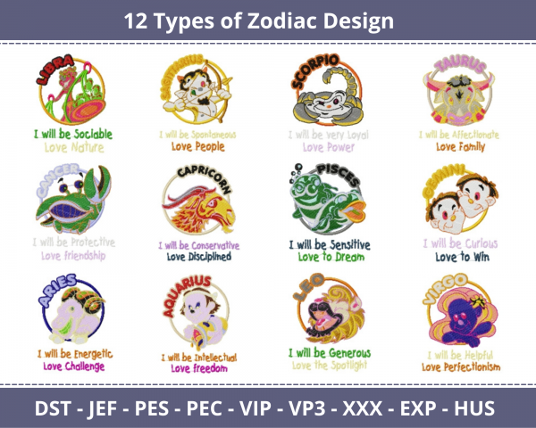 Zodiac Machine Embroidery Designs-12 Types-1 Size-instant download