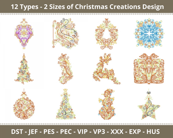 Christmas Creations Machine Embroidery Designs-12 Types-2 Sizes-instant download