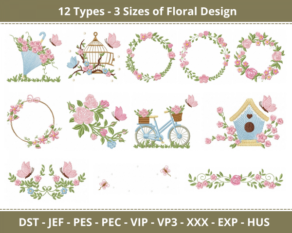 Floral Machine Embroidery Designs-12 Types-3 Sizes-instant download