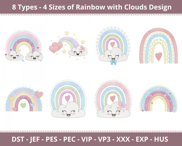Rainbow With Clouds Machine Embroidery Designs-8 Types-4 Sizes-instant download