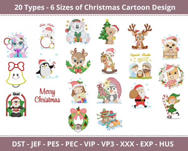 Christmas Cartoon Machine Embroidery Designs-20 Types-6 Sizes-instant download