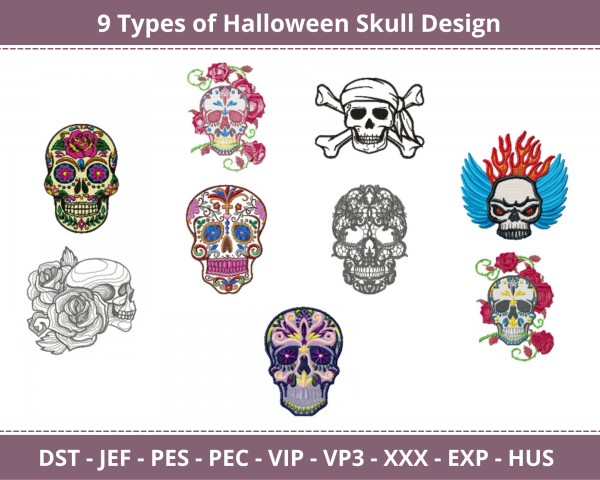 Halloween Skull Machine Embroidery Designs-9 Types-1 Size-instant download