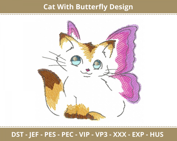 Cat With Butterfly Machine Embroidery Design