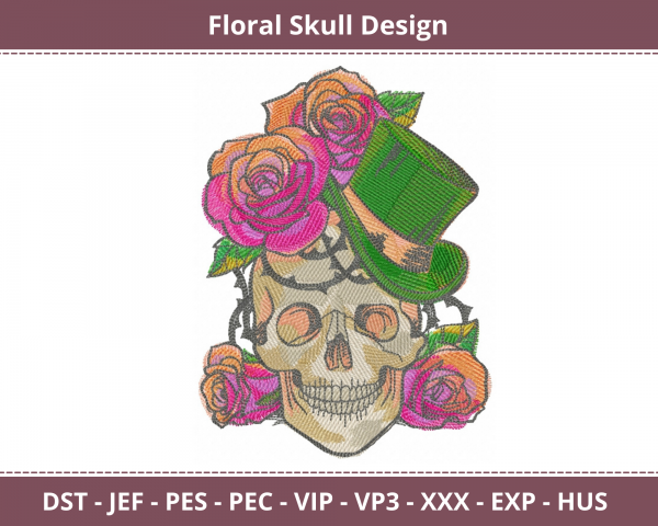 Floral Skull Machine Embroidery Design