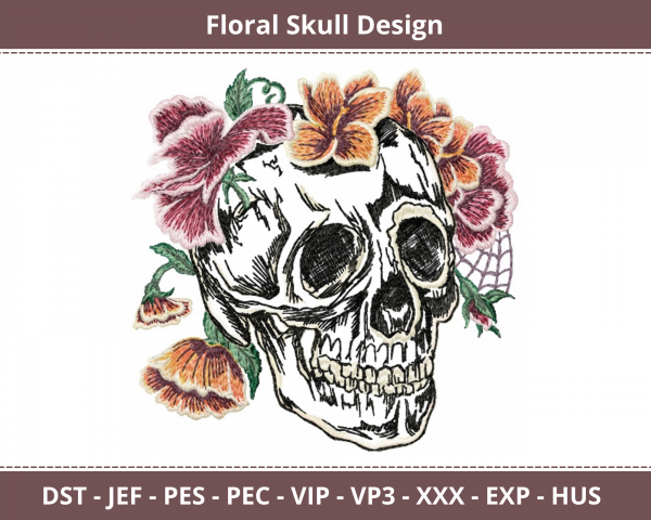 Floral Skull Machine Embroidery Design