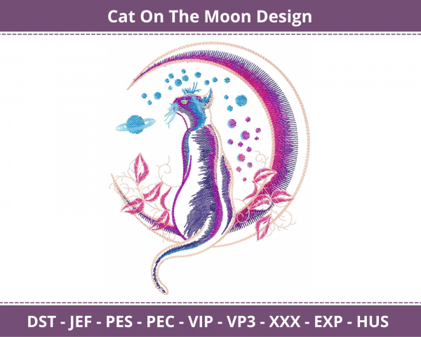 Cat On The Moon Machine Embroidery Design	