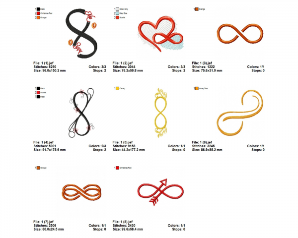 Infinity Machine Embroidery Designs-8 Types-1 Size-instant download