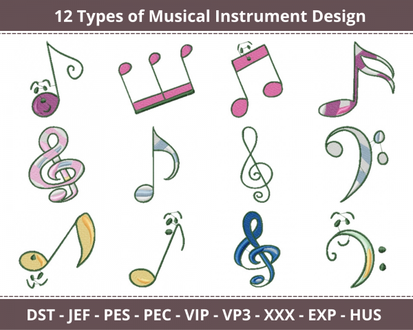 Musical Instrument Machine Embroidery Designs-12 Types-1 Size-instant download