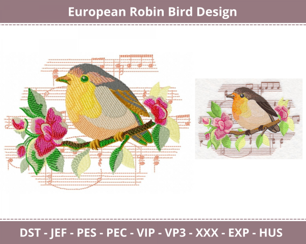 European Robin Bird Machine Embroidery Design	