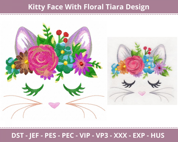 Kitty Face With Floral Tiara Machine Embroidery Designs-1 Size-instant download