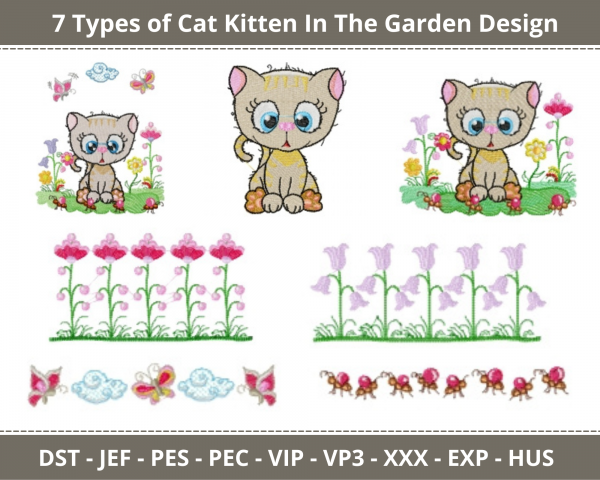 Cat Kitten In The Garden Machine Embroidery Design	