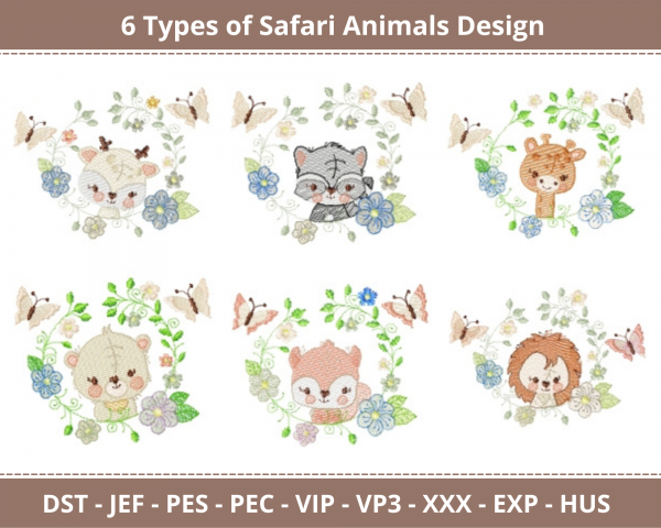 Safari Animals Machine Embroidery Designs-6 Types-1 Size-instant download
