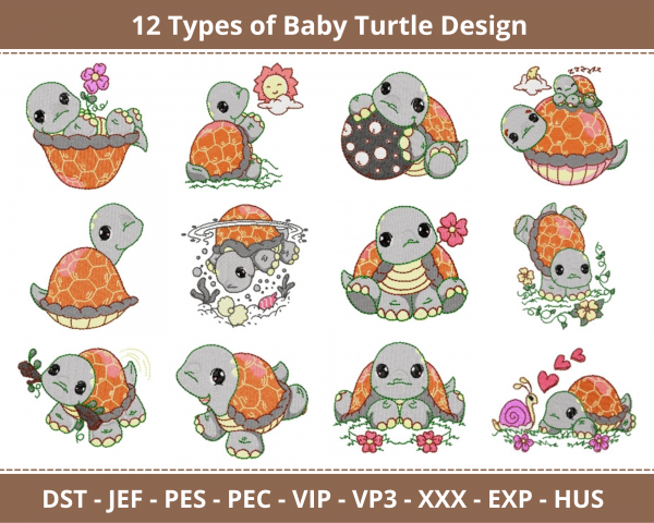 Baby Turtles Machine Embroidery Designs-12 Types-1 Size-instant download