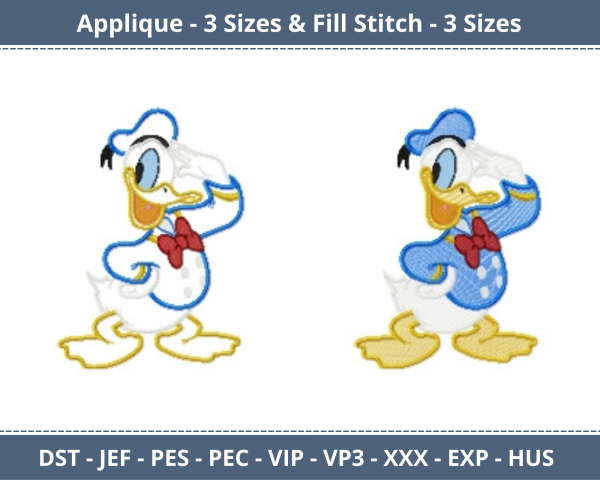 Donald Duck Machine Embroidery Designs-Applique & Fill Stitch-3 Sizes-instant download