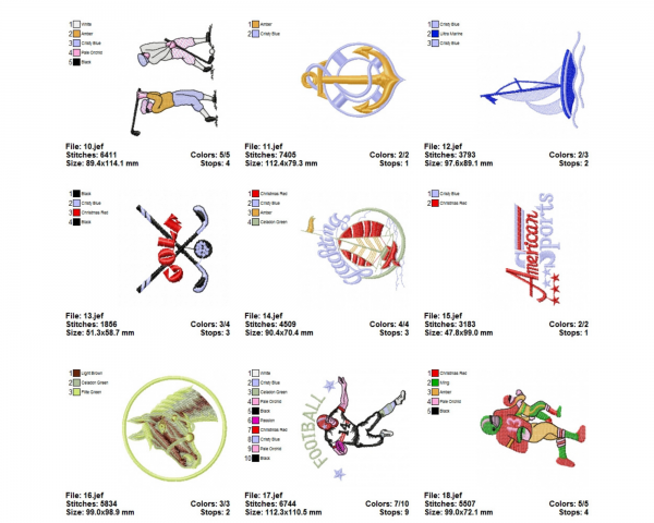 Sports Machine Embroidery Designs-18 Types-1 Size-instant download