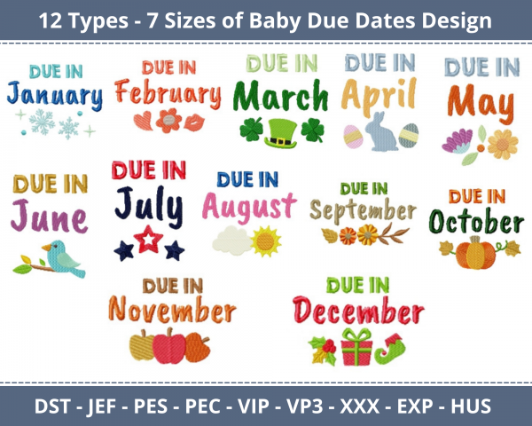 Baby Due Dates Machine Embroidery Designs-12 Types-7 Sizes-instant download