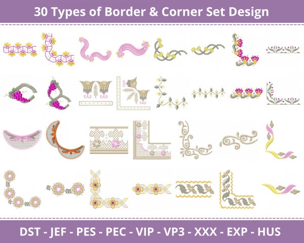 Border & Corner Set Machine Embroidery Designs-30 Types-1 Size-instant download