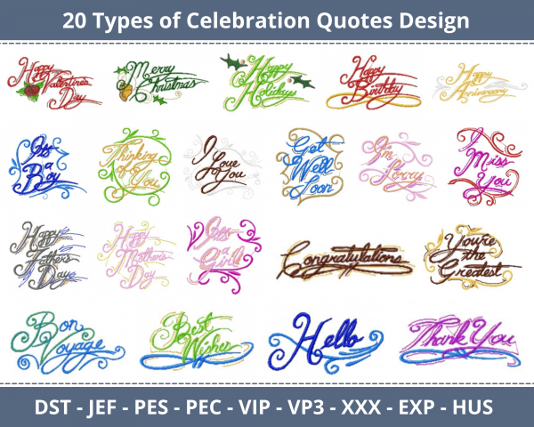 Celebration Quotes Machine Embroidery Designs-20 Types-1 Size-instant download