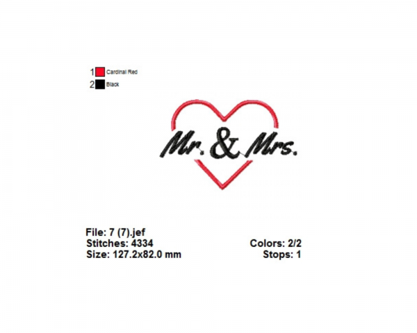Heart Shape Mr & Mrs Machine Embroidery Designs-1 Size-instant download