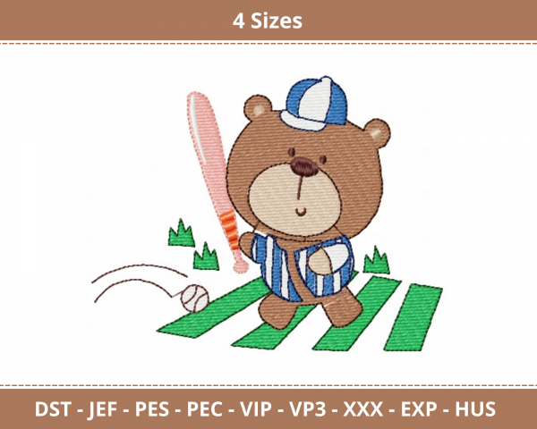 Teddy Bear Base Ball Machine Embroidery Designs-4 Sizes-instant download