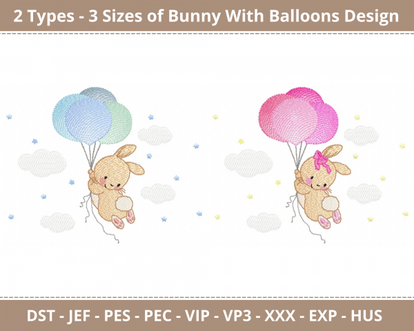 Bunny With Balloons Machine Embroidery Designs-2 Types-3 Sizes-instant download