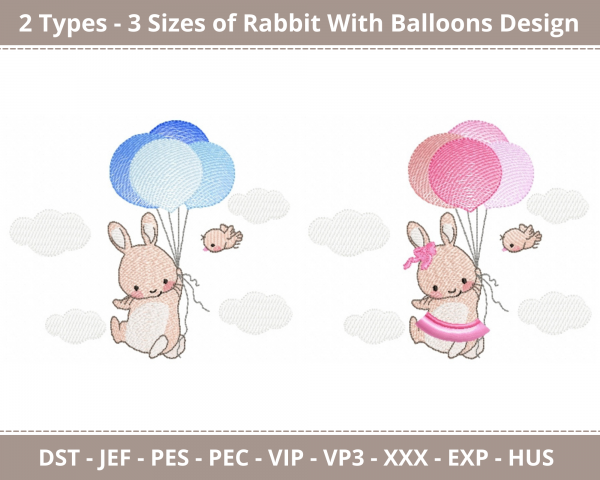 Rabbit With Balloons Machine Embroidery Designs-2 Types-3 Sizes-instant download