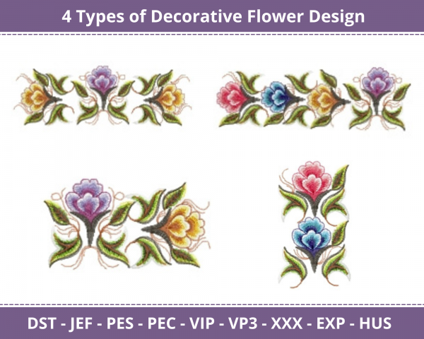 Decorative Flower Machine Embroidery Designs-4 Types-1 Size-instant download