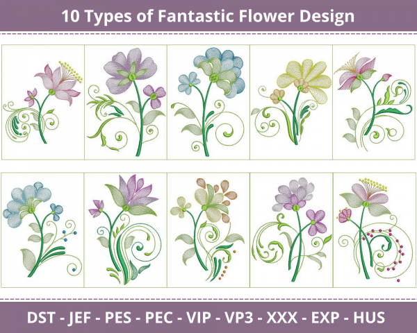 Fantastic Flower Machine Embroidery Designs-10 Types-1 Size-instant download
