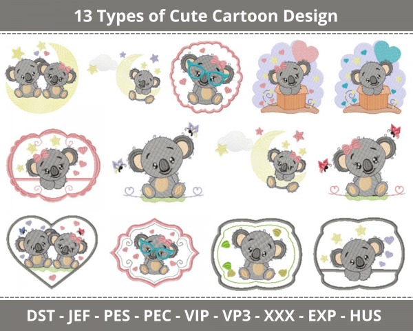 Cute Cartoon Machine Embroidery Designs-13 Types-5 Sizes-instant download