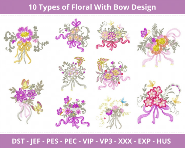 Floral With Bow Machine Embroidery Designs-10 Types-1 Size-instant download