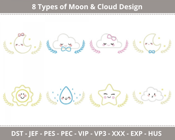 Moon & Cloud Machine Embroidery Designs-8 Types-1 Size-instant download