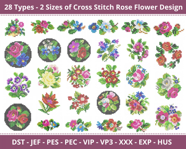 Cross Stitch Rose Flower Machine Embroidery Designs-28 Types-2 Sizes-instant download