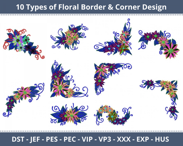 Floral Border & Corner Machine Embroidery Designs-10 Types-1 Size-instant download