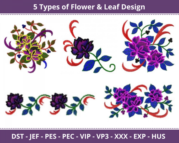Flower & Leaf Machine Embroidery Designs-5 Types-1 Size-instant download