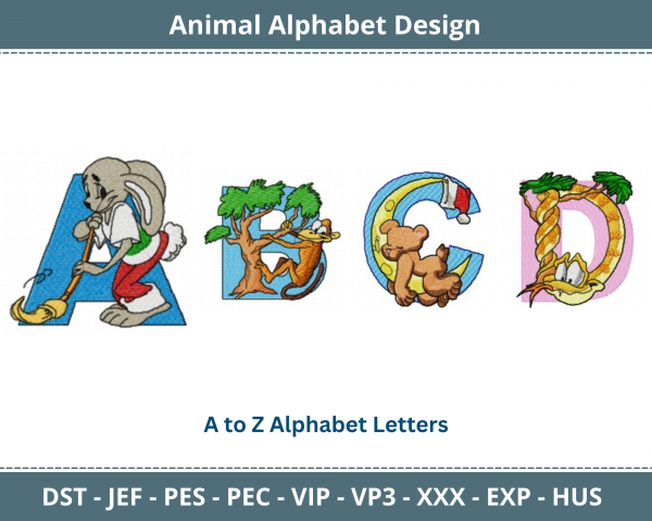 Animal Alphabet Machine Embroidery Design	