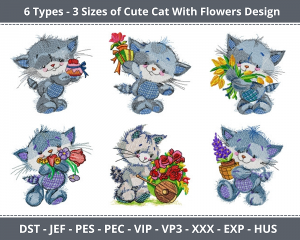 Cute Cat With Flowers Machine Embroidery Designs-6 Types-3 Sizes-instant download
