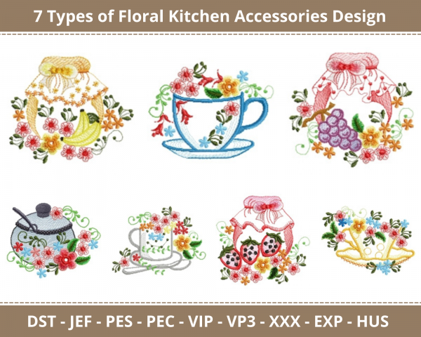Floral Kitchen Accessories Machine Embroidery Designs-7 Types-1 Size-instant download