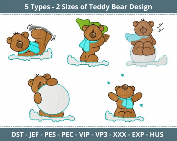 Teddy Bear Machine Embroidery Designs-5 Types-2 Sizes-instant download