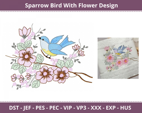 Sparrow Bird With Flower Machine Embroidery Design