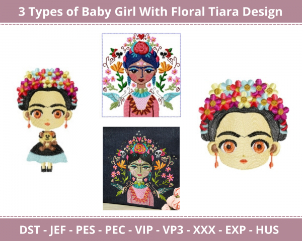 Baby Girl With Floral Tiara Machine Embroidery Design