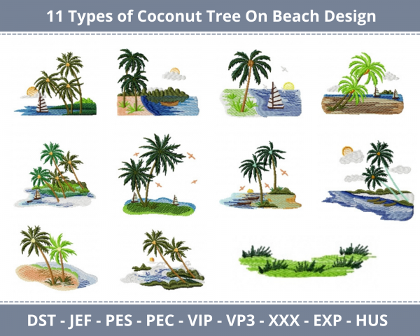 Coconut Tree On Beach Machine Embroidery Design	