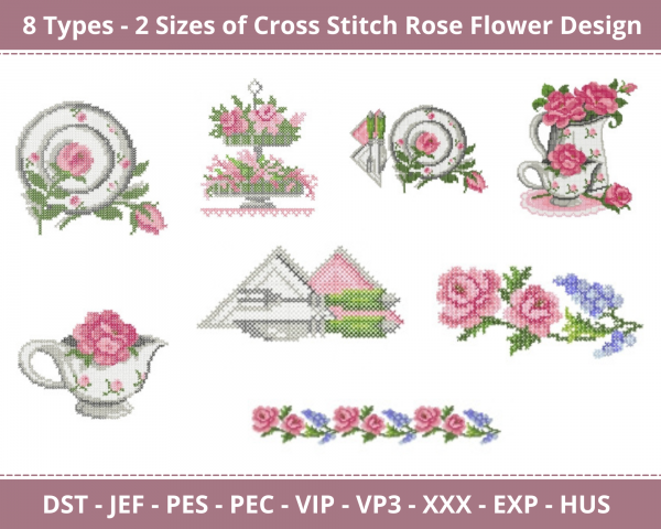 Cross Stitch Rose Flower Machine Embroidery Designs-8 Types-2 Sizes-instant download