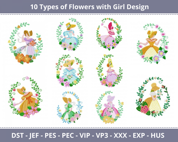 Flowers With Girl Machine Embroidery Designs-10 Types-1 Size-instant download