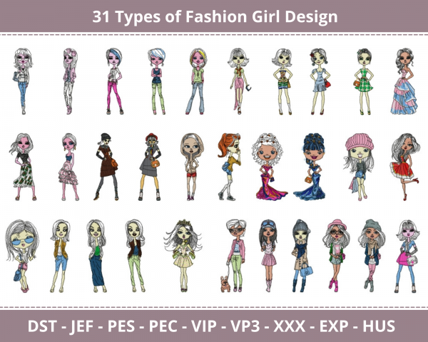 Fashion Girl Machine Embroidery Designs-31 Types-1 Size-instant download