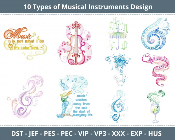 Musical Instrument Machine Embroidery Designs-10 Types-1 Size-instant download