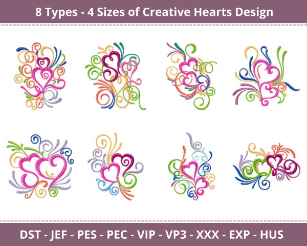 Creative Hearts Machine Embroidery Designs-8 Types-4 Sizes-instant download