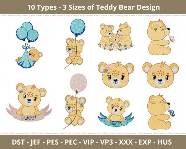 Teddy Bear Machine Embroidery Designs-10 Types-3 Sizes-instant download