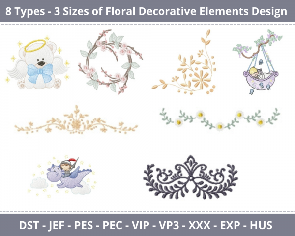 Floral Decorative Elements Machine Embroidery Designs-8 Types-3 Sizes-instant download
