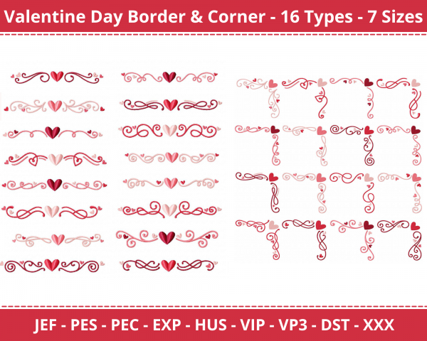 Valentine Day Border & Corner Machine Embroidery Designs-16 Types-7 Sizes-instant download