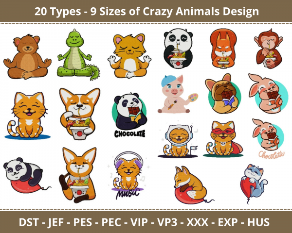 Crazy Animals Machine Embroidery Designs-20 Types-9 Sizes-instant download